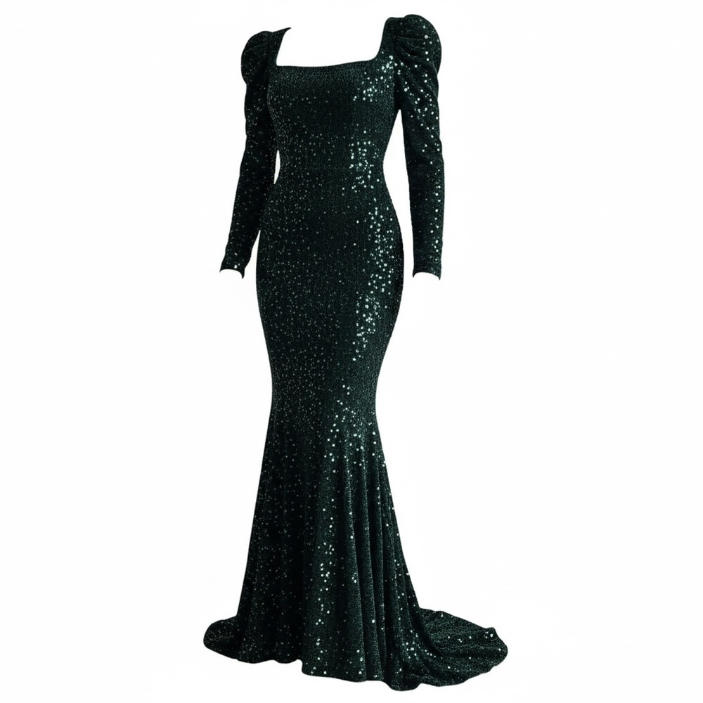 Emerald Green Sequin Long Sleeve Evening Dress